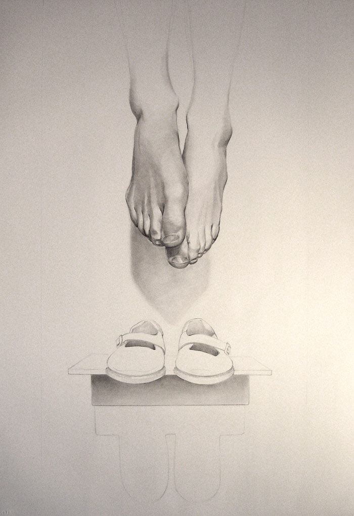Graphite drawing of feet floating above a pair of kids shoes.