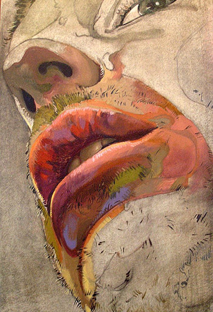 Self portrait painting with a focus on the lips, a lot of exposed drawing remains